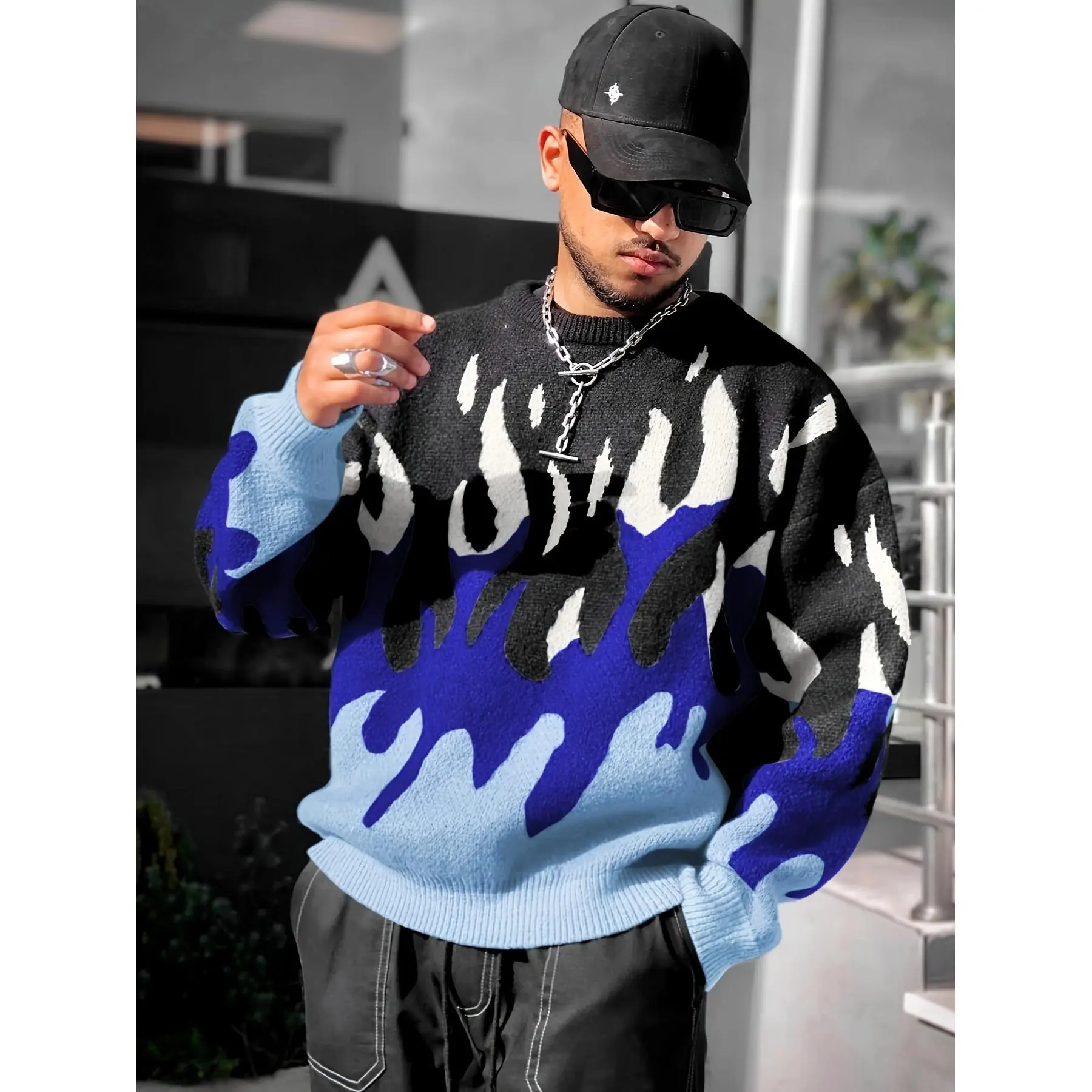 Men'S Oversized Sweater Y2K Aesthetic Flame Graphic Crewneck Knit Pullover Unisex Casual Sweaters