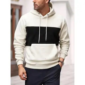 fall outfits, Men's autumn and winter thickened black Friday hit fleece hooded sweatshirt, color-blocking and patchwork design, kangaroo pocket drawstring, warm and casual, street pullover top, Colorblock Hoodie, Christmas and New Year