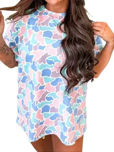 Women's Oversized Colorful Camouflage T-Shirt Short Sleeve Casual Crew Neck Tee Top