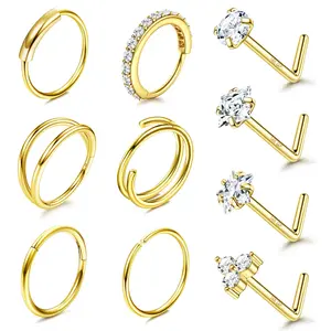 MILACOLATO 14K plated Gold Filled Nose Ring Studs 20G Nose Ring Hoops Hypoallergenic 316L Surgical Stainless Steel Nose Rings L Shaped CZ Nose Nostril Piercing Jewelry for Women Men 10Pcs