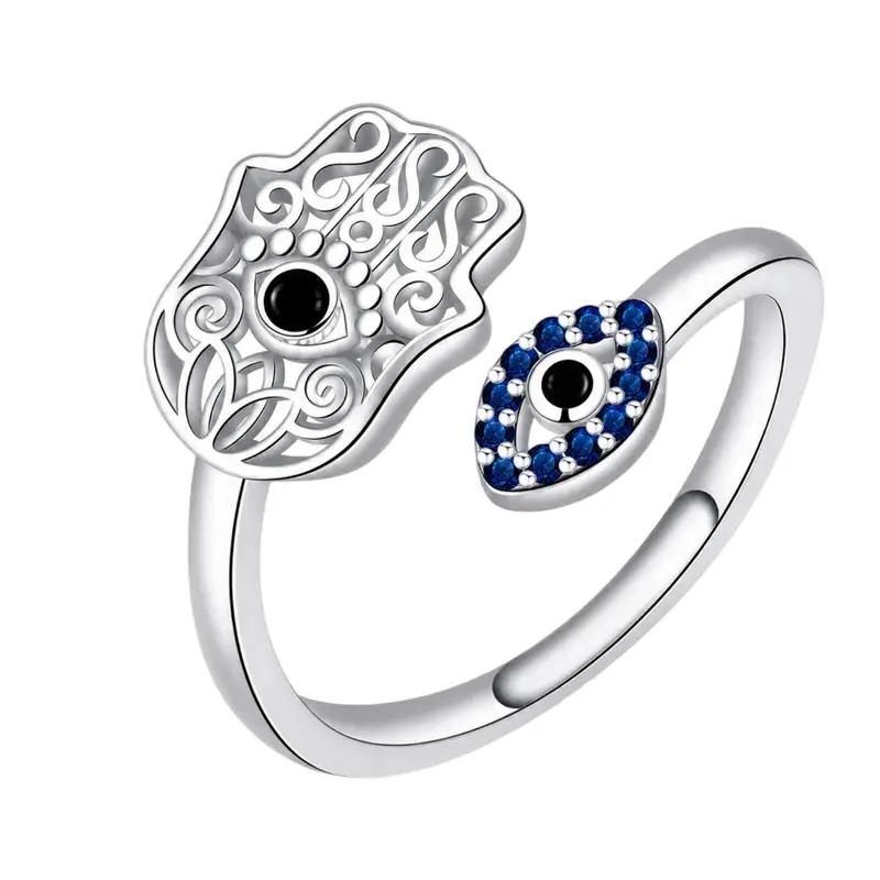 Open Adjustable Wrap Ring, Multi Color CZ Stone, Hollow Filigree Hand Pattern, Blue/Black/Purple/Red Cubic Zirconia, Vintage Turkish Style, Middle Eastern Aesthetic, Two Symbol Stacked Design, Polished Metal Band