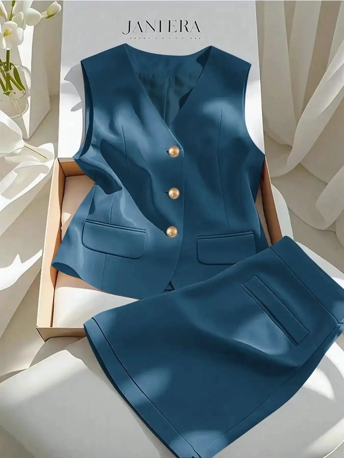 2PCS Women's Two-Piece Set, Plain Color Vest & Shorts, High-Quality Commuter Fashion, Professional Style, Simple & Elegant, Women's Clothing