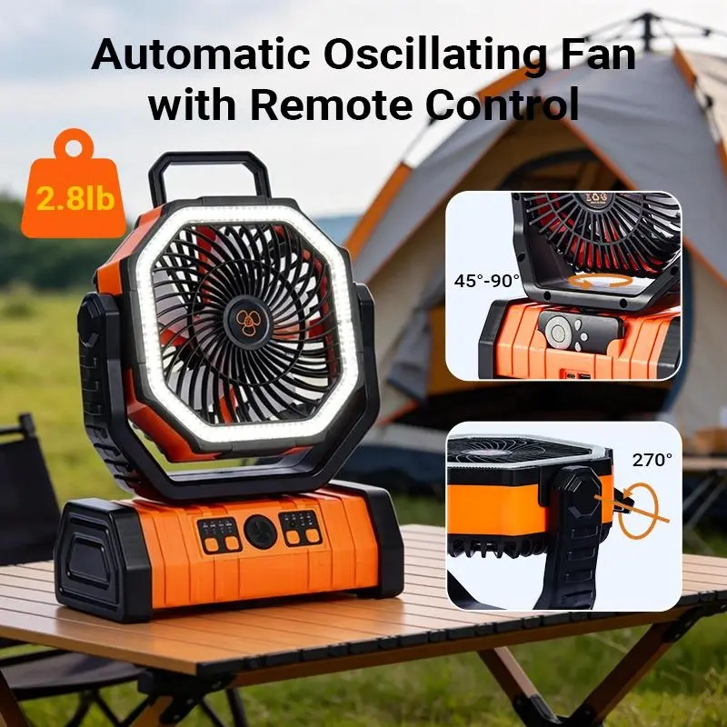 Qawtor Camping Fan with 20000mAh Battery – Rechargeable & Portable Tent Fan with Remote Control, 4 Speeds, Hanging Hook, Cordless Outdoor Fan Orange, Summervibes, Fathersdaygift, DealsForYouDays