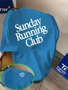 'sunday Running Club' Letter Print Short Sleeve T-Shirt, Casual Loose Knit Top, Long Street Style, All-Season Slim Fit