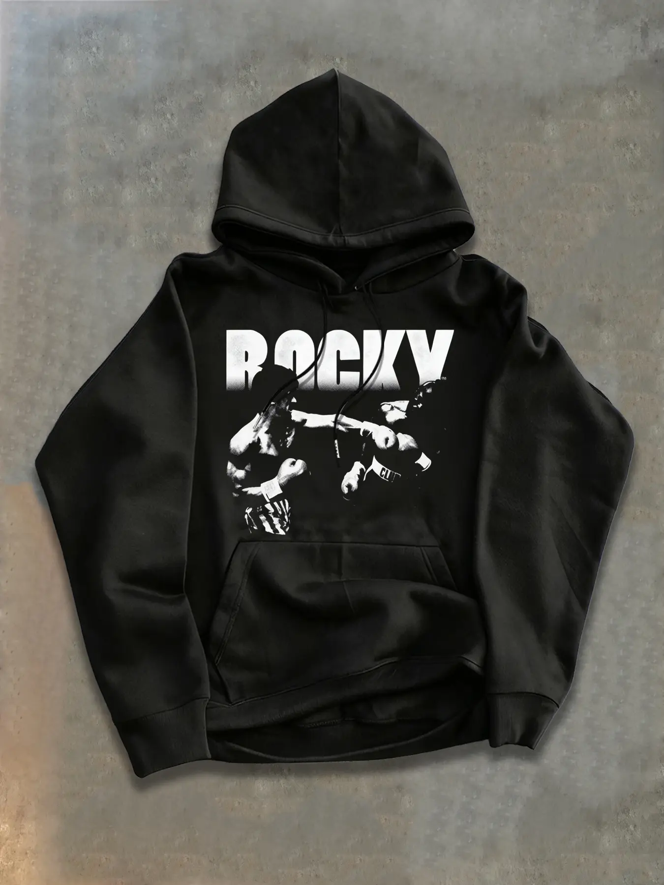 Vintage Boxing Theme Hoodie, Classic Movie Scene + Rocky Big Letter, American Nostalgia, Fleece Lined Winter Warm, Casual Loose Fit, Graphic Hoodies