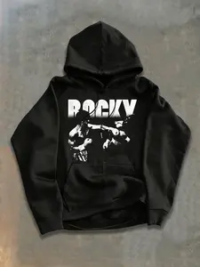 Vintage Boxing Theme Hoodie, Classic Movie Scene + Rocky Big Letter, American Nostalgia, Fleece Lined Winter Warm, Casual Loose Fit