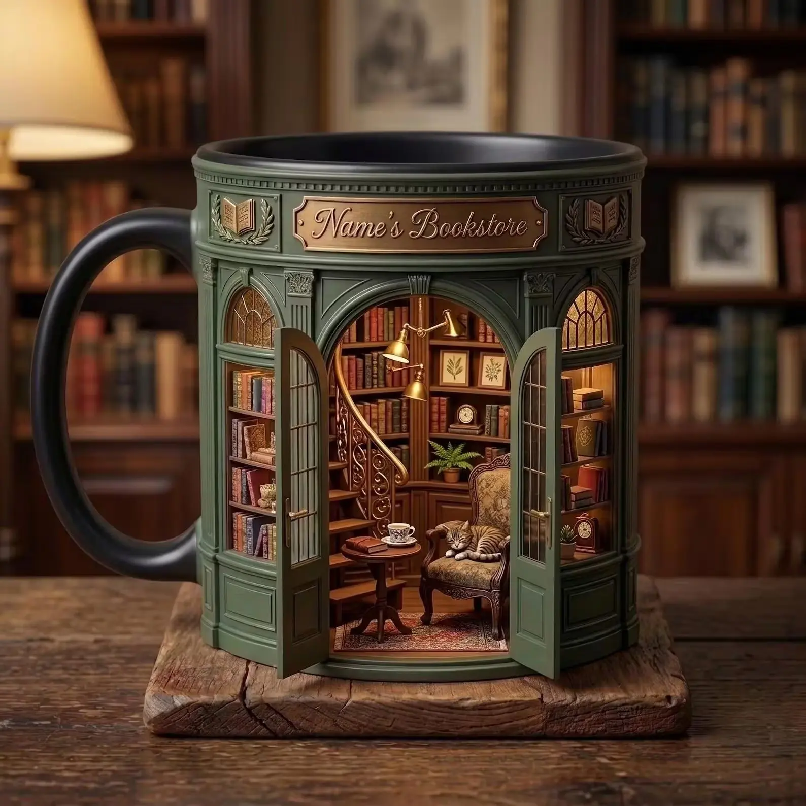 Vintage Bookstore Print Fla 2D Mug,  Personalized Name Book Club Coffee Cup, Bookworm Keepsake Ceramic Mug, Birthday Christmas Gift for Reader, Teacher