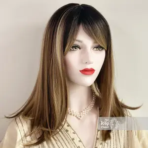 Elisa Dark Roots Ombre Blonde Highlight Balayage Straight Hair Wig with Bangs | Her Wig Closet | Elisa