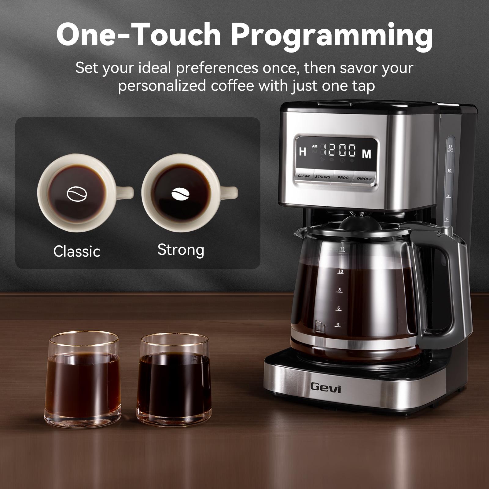 Gevi 12-Cup Coffee Maker with LED Touchscreen - 2 Brew Styles, 24H Programmable & Auto Keep Warm, 2-Hour Warm Function & Easy Clean, Compact 1.8L Coffee Machine
