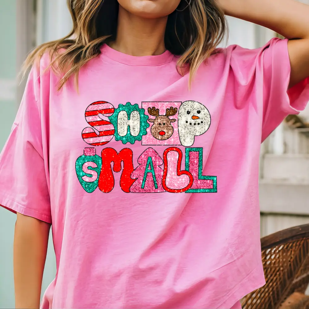 Shop Small Christmas Womens Faux Sequin Retro Holiday Festive & Cheerful Holiday Shirt Design Fabric Soft Top Womenswear Comfortable Tshirt
