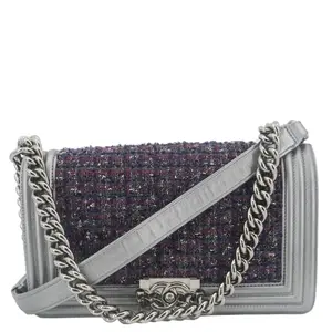 Pre-owned CHANEL Tweed Crossbody Bags Boy Flap Bag Shoulder Bag Silver