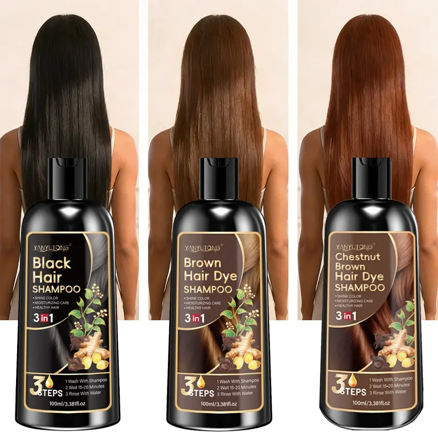 100ml hair dye shampoo, hair dye shampoo, hair care three in one shampoo, herbal extract, mild, gentle and non irritating. Hair becomes more shiny after dyeing and care. Available in black/brown/chestnut brown colors Hair Coloring Shampoo Haircare Glossy