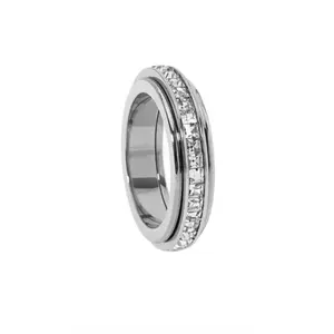 New Rhinestone Circle Small Square Drill Unique Stress Relief Rotatable Statement Ring Jewelry, Fashionable Accessory for Women & Men