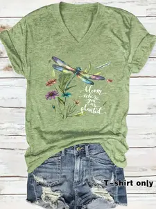 Women's Dragonfly & Boho Floral Printed V Neck Tee, Casual Short Sleeve T-shirt for Summer, Ladies Clothes for Daily Wear, Top