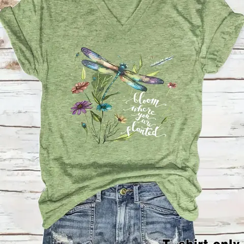 Women's Dragonfly & Floral Print V Neck Tee, Casual Short Sleeve Loose T-shirt for Summer, Ladies Clothes for Daily Wear, Top, Womenswear, Boho T Shirts