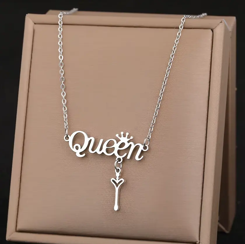 Quality Stainless Steel Crowned Queen Heart Key Letter Pendant Necklace