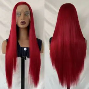Red Human Lace Wig - Straight, Long, High-Quality, Lightweight, and Easy to Style