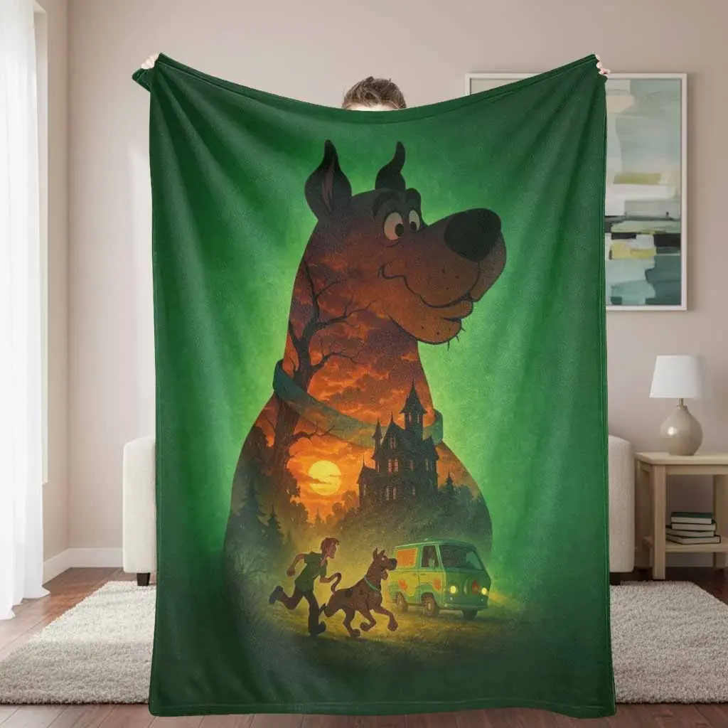 Mystery Dog Silhouette Flannel Blanket - Vintage Haunted Mansion Van Print, Wrinkle Resistant, Durable, Breathable, Ultra-Soft Lightweight Plush, Machine Washable, Travel-Friendly, Ideal for Living Room Sofa, Bedding, Daily Office Life