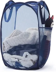 Collapsible Pop Up Laundry Basket, Hamper with Sturdy Handles and Side Pocket - Mesh Portable Foldable Dirty Clothes Hamper for Dorm, Laundry room, Bathroom and Travel Storage, Navy Blue