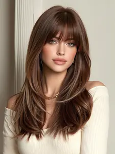 20 Inch Wig with Bangs, Beginner Friendly Wig, Dipped Dyed Medium Length Synthetic Hair Wig, Comfortable Natural Rose Net Wig, Heat Resistant, Festival Mother's Day Gift