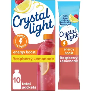 Crystal Light Raspberry Lemonade Energy Drink Mix, 10 On-the-Go Powder Packets, Refreshing Caffeinated Drink Mix, Easy Travel Sticks