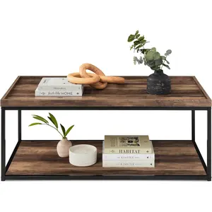 44in 2-Tier Rectangular Tray Top Coffee Table, Recessed Accent Furniture for Home w/Metal Frame, Shelf - BrownCoffee table office living room home small apartment simple modern