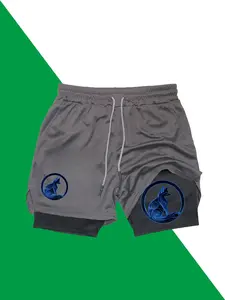 Blue Fox Print Two-in-One Double-Layer Casual Sports Shorts, Suitable for Summer Men's Lightweight Quick-Drying, with Zipper Pockets, Breathable Elastic Waistband with Drawstring, Comfortable Running Training Phone Shorts