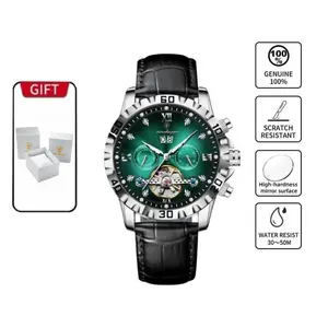 POEDAGAR Top Luxury Men's Watches Original Mechanical Leather Men Clock Date Week Hollow Tourbillon Automatic Man Watch Male+Box