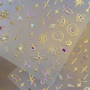 Stars Moon Y2K Nail Art Stickers, 1pc Silver Hot Stamping 5D Embossed Self-adhesive DIY Nail Stickers and Decals - Nail Supplies and Nail Charms for Girls and Women-Autumn Winter Christmas Ramadan Nails For Nail Art Home Salon