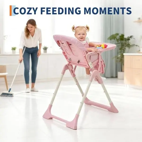 Foldable Portable Highchair for 7-8 Years Olds, Growth-Fit Children's Furniture with Adjustable Height, Backrest, Footrest & Seat, Removable Tray, Fast-Folding Design, Safety Belt, Invisible Wheels, Pink Feeding Chair