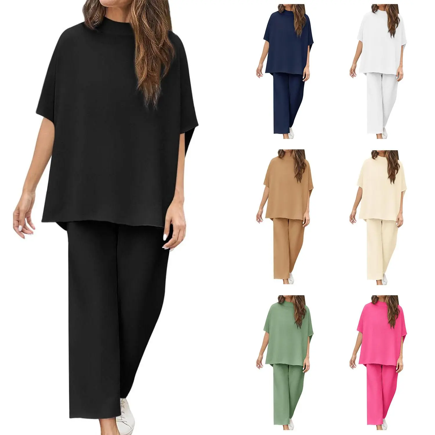 Imily Bela Women's 2-Piece Clothing Set, Crew Neck Pullover Top with 3/4 Batwing Sleeve Capelet, Wide Leg Pants for Casual Lounge Wear
