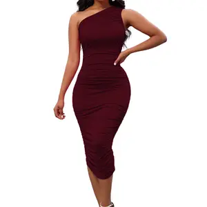Women's Sexy Bodycon One Shoulder Sleeveless Ruched Midi Club Party Dress Fit & Flare Polyester Spandex Stretchy Breathable