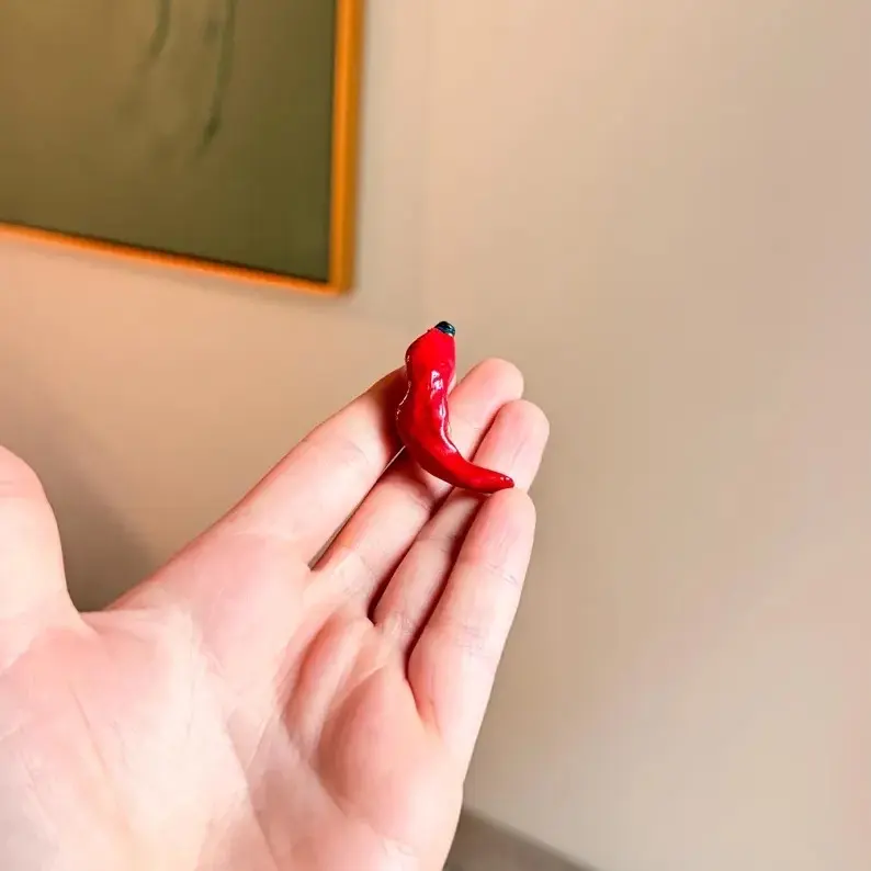 Chili Pepper Magnet, Handmade Clay Miniature Kitchen Decor, Spicy Fridge Magnet, Unique Food Art