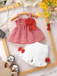 2-piece Set, Elegant And Cute Baby Girl, Cotton, Soft, Comfortable Bow Plaid Camisole Vest And Solid Color Elastic Waist Ruffle Edge Shorts, Suitable For Casual, Daily, Vacation And Party
