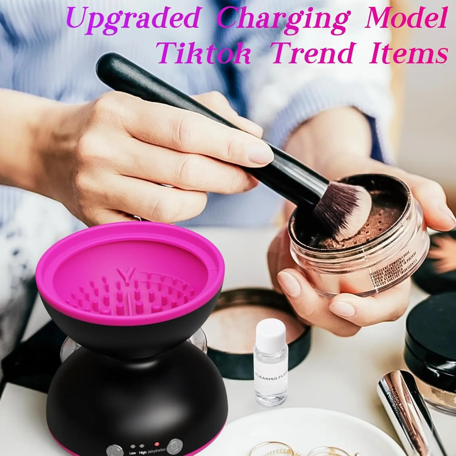 LORI Brush Cleaner Machine-Rechargeable 1200mHA, Portable Electric Makeup Brush Cleaner Machine, 2 Gears Speed and Dehydration Function, with Cleaning Solution(Black-Rechargeable)