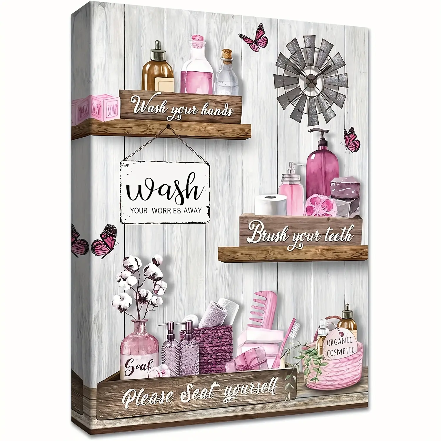 Pink Bathroom Wall Art Canvas - 1pc Inspirational "Wash Away Your Worries" Quote with Rustic Vase Imagery, Wrapped Canvas in Wood Frame, Bathroom Sign Decor with Toiletries Illustration