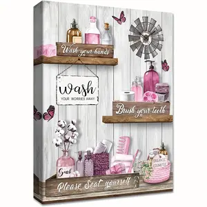 Pink Bathroom Wall Art Canvas - 1pc Inspirational "Wash Away Your Worries" Quote with Rustic Vase Imagery, Wrapped Canvas in Wood Frame, Bathroom Sign Decor with Toiletries Illustration