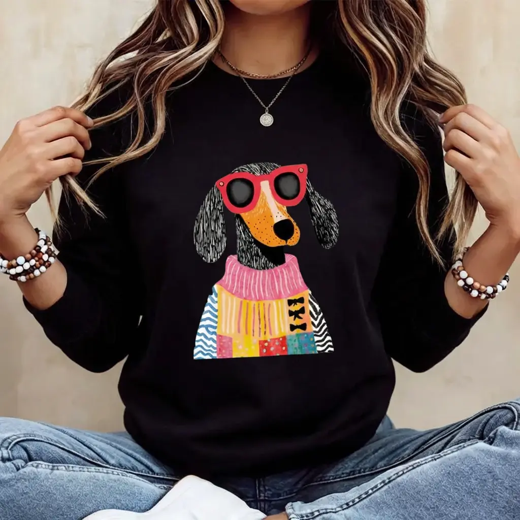 Women's Cute Dog Graphic Oversized Round Neck Longsleeves Sweatshirt - Comfortable Fabric Tops, Casual Unisex Pullover