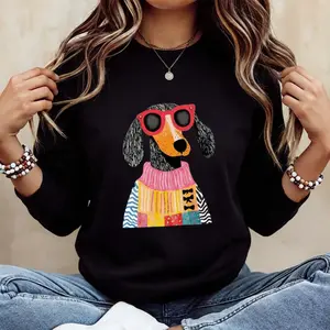 Cute Dog Graphic Oversized Crew Neck Long Sleeve Sweatshirt, Casual Women Pullover Printed Unisex Casual Hoodie Womenswear graphic hoodies