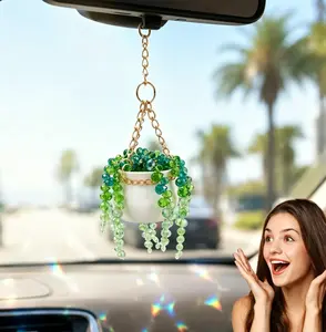 Handmade Crystal String of Pearls Succulent Suncatcher, Rainbow Prism Car Rearview Mirror Hanging Decor, No Maintenance Artificial Plant Pendant for Window Home & New Car Gift