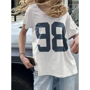 Women’s off-shoulder T-shirt with “98” print, Brandy Melville summer casual short-sleeve crewneck tee, 1990s everyday fashion women’s top, patterned women’s T-shirt, clothing, women’s apparel GARMENTARY