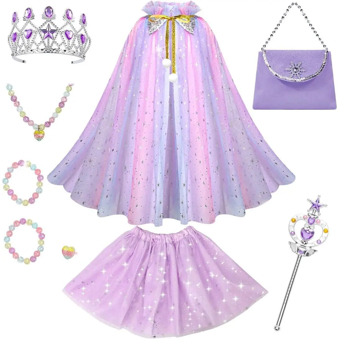 L-B40 Girls' 11Pcs Princess Cosplay Dress Set - Breathable Sheer Long Moon Cape, Sequin Cloak, Colorful Sparkle Stars, Kid Crown, Brilliant Purse, Princess Look Birthday Party Outfits Gift for 3-8 Year Old Girls