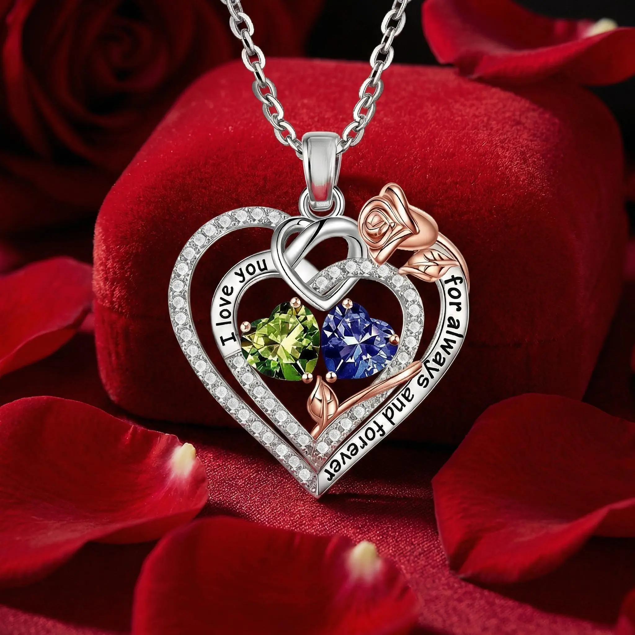 [TrendTiny] S925 Sterling Silver Double Heart Rose Pendant Heart Shaped Necklace, 12 Birthstone Color Block Christian Faith Accessory, Romantic Gift for Girlfriend, USA Fast Shipping, Women's Gifts, Womens Gifts