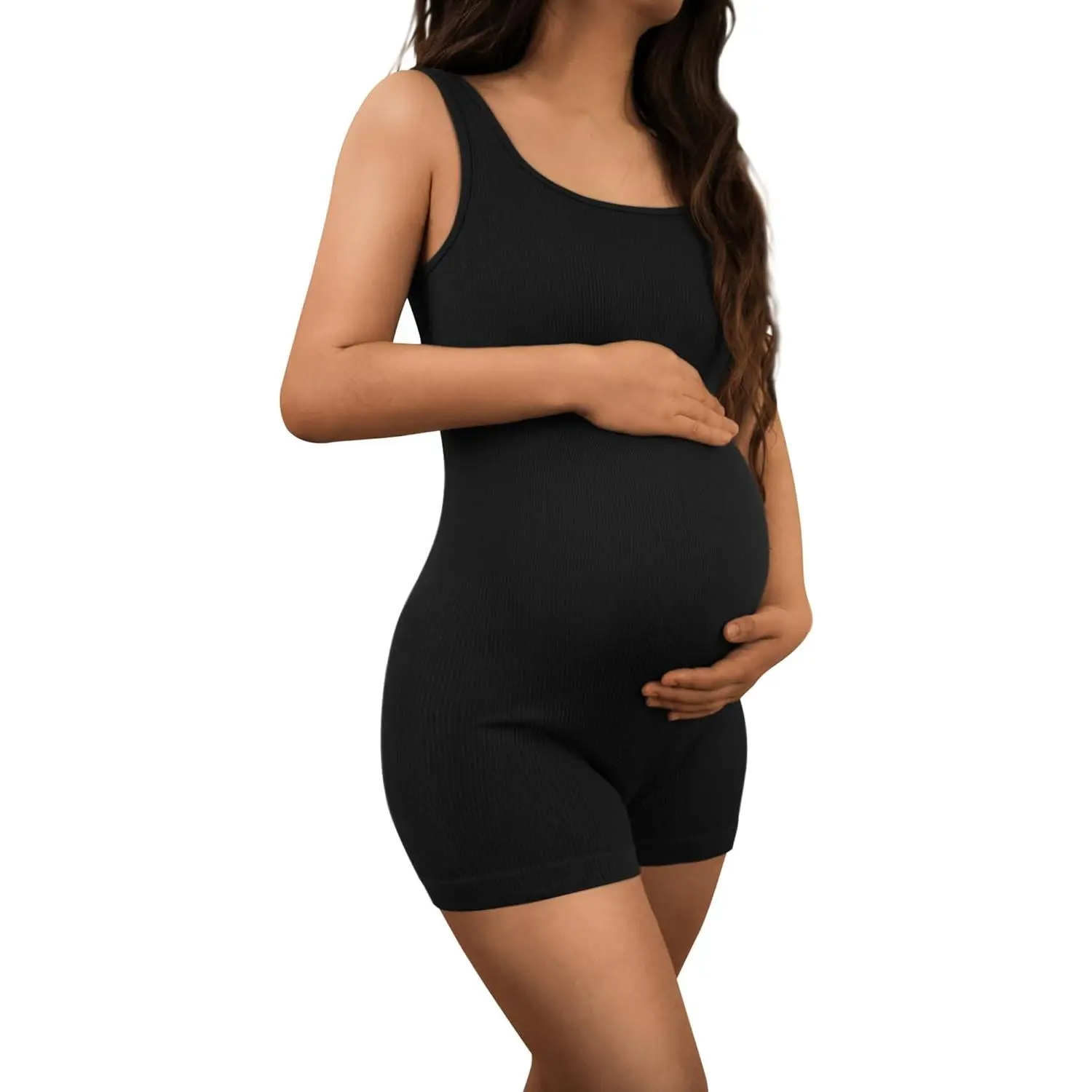 AIBIANOCEL Women's Square Neck Maternity Shapewear Bodysuit - Sleeveless Ribbed Tank Top Shorts Romper Jumpsuit