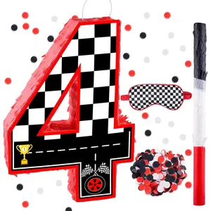 16 Inch Number 4 Race Car Pinata with Piñata Stick Blindfold Confetti for Boy Girl Kids 4th Birthday Party Decorations