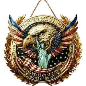 US 250th Anniversary Decoration Wooden Eagle Door Sign Freedom designs 3D Round Wreath 1776-2026 Wall Signs Hanging Double Layer Gold Decor for Home Accessories Indoor Outdoor Party Supply