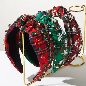Christmas Headbands for Women Red Plaid Headband Jeweled Crystal Wide Knotted Headband Xmas Holiday Hair Accessories Gifts (Red Plaid)