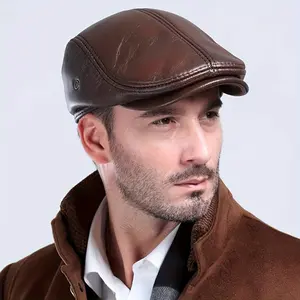 Men's Top Layer Genuine Cowhide Leather Newsboy Cap, Fashionable Gatsby Ivy Driving Hunting Fishing Hand Washable, PU Coated Woven Polyester with Slight Stretch