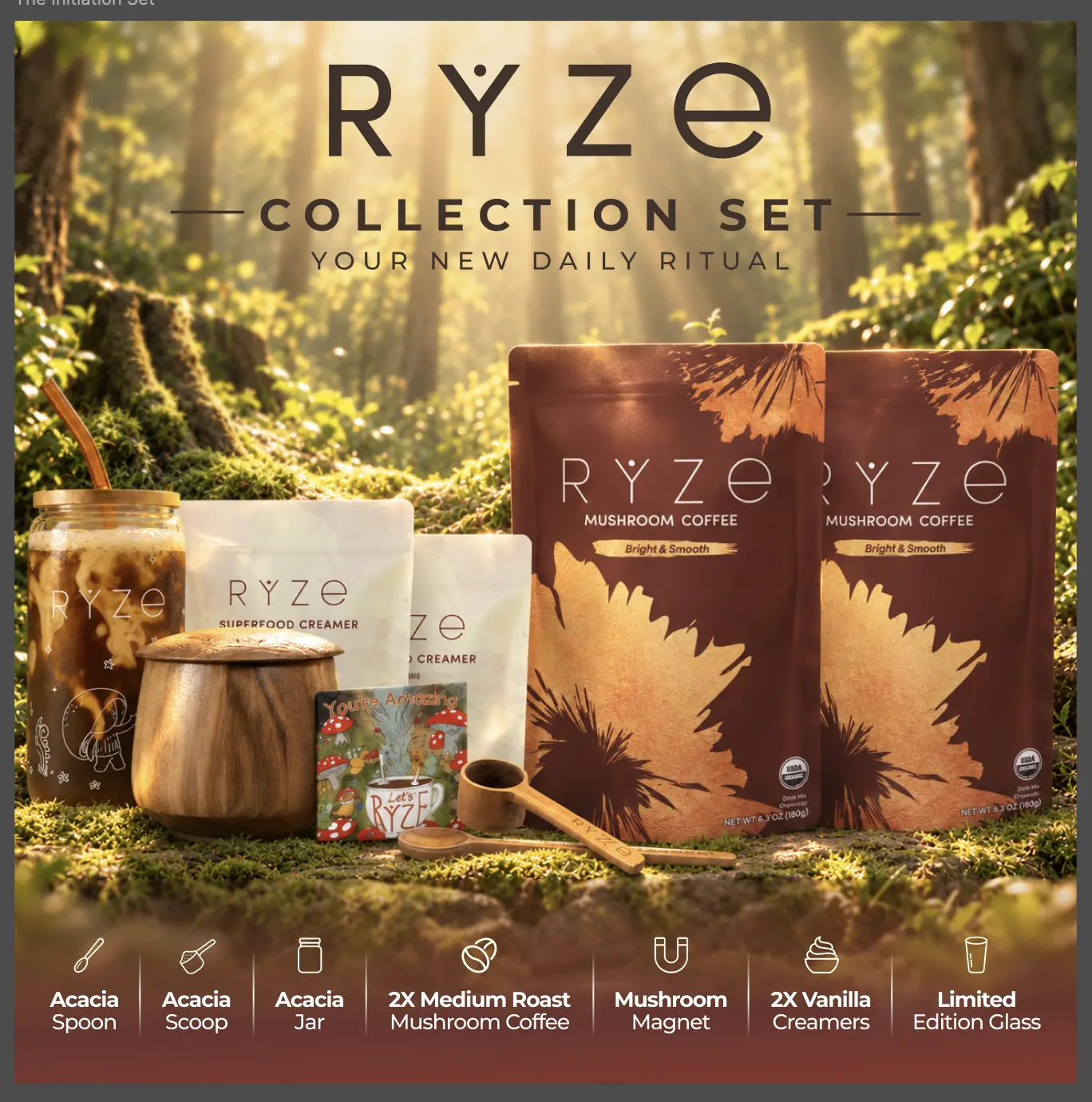 RYZE The Collection Set Organic Mushroom Coffee Starter Kit - Organic Mix Beverage, Instant Beverage, Natural Coffee Mushroom Blend with Creamer & Accessories