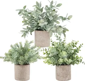 ABERTREE 3 Pack Mini Potted Fake Plants Artificial Plastic Eucalyptus Plants Topiaries For Shelf Desk、Home Bathroom、Dormitory、Farmhouse Room、Coffee Table、Living room、Office Decor